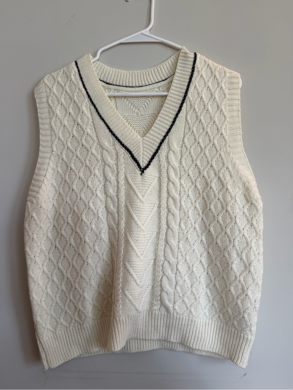 Cream Cable Knit V-Neck Sweater Vest with Black Trim